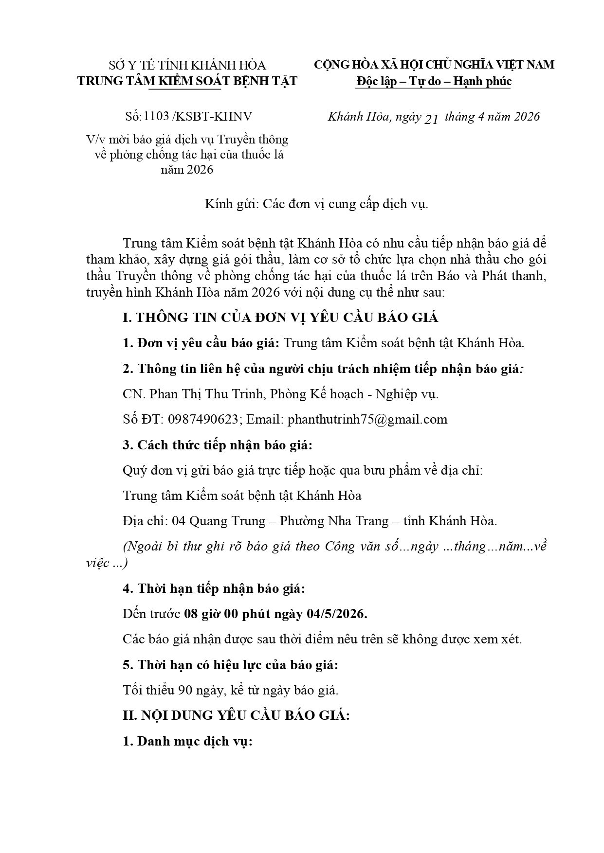 V/v mời báo giá dịch vụ Truyền thông về phòng chống tác hại của thuốc lá năm 2026